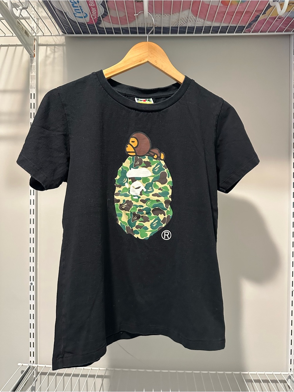Bape Black Tee with Green Camo Ape Head and Baby Milo